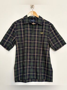 Fred Perry Green Blackwatch Tartan Twill Short Sleeve Plaid Button Up Shirt Sz M